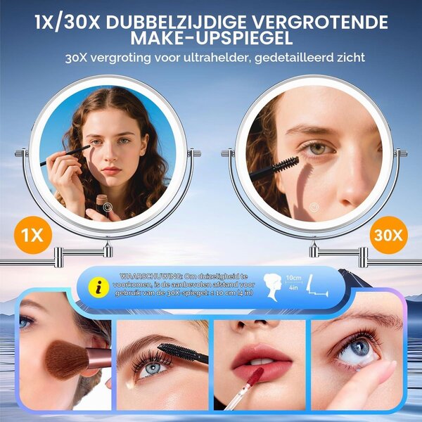 Zrcadlo na make-up, které se připevňuje na zeď, s 30násobným zvětšením a třemi barevnými světly