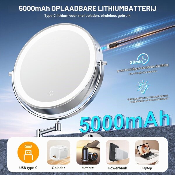Zrcadlo na make-up, které se připevňuje na zeď, s 30násobným zvětšením a třemi barevnými světly
