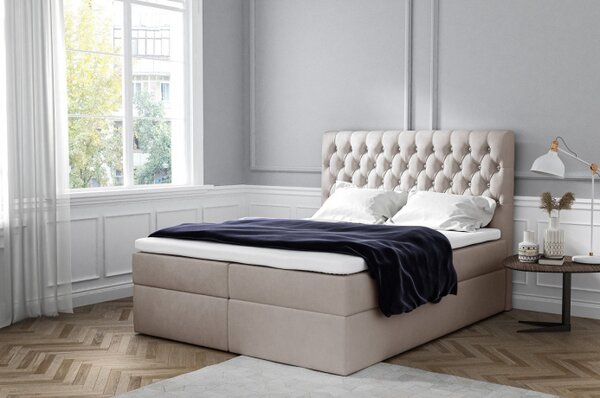 Elegantní čalouněná postel Mandy s úložným prostorem světle béžová 180 x 200 + topper zdarma