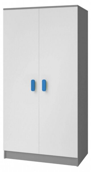 Dvoudveřová šedobílá šatní skříň do dětského pokoje Sven, úchytky - modrá