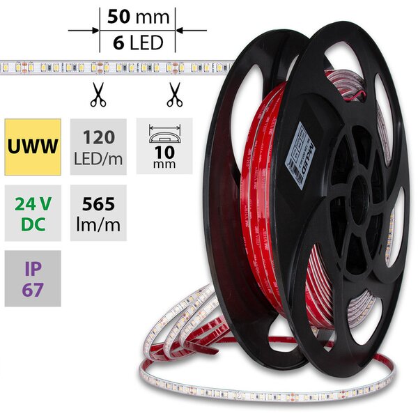 McLED Voděodolný LED pásek SMD2835 UWW, 120LED/m, 9,6W/m, DC 24V, 600lm/m, CRI90, IP67, 10mm