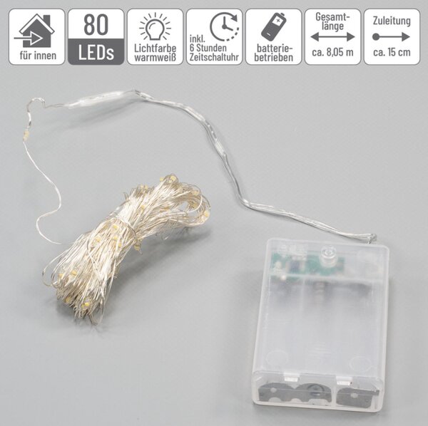 LED řetěz sada 3 ks, 80 LED, baterie, časovač, teplá bílá