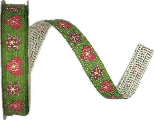 Stuha vánoční lněná HEARTS & STARS GREEN zelená 15mm x 3m (9,-Kč/m)