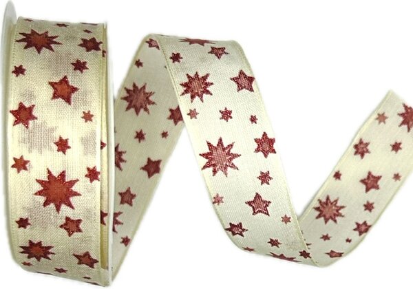 Stuha vánoční STARRY CHARM RED GLOW krémová 25mm x 3m (10,-Kč/m)