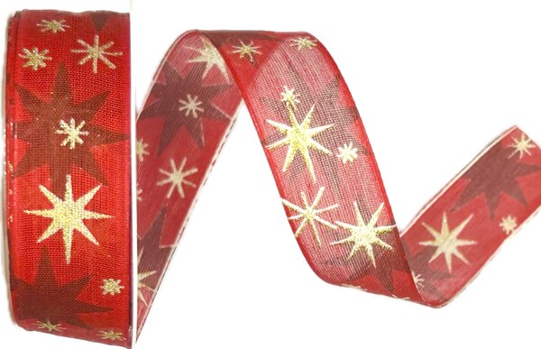 Stuha vánoční AURORA STARS RUBY červená 25mm x 3m (12,-Kč/m)
