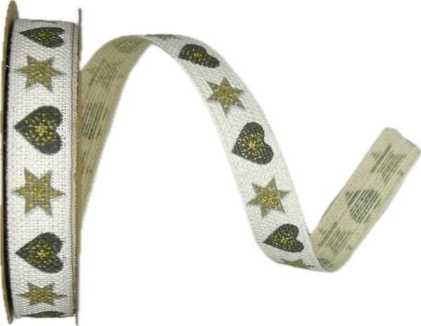 Stuha vánoční lněná HEARTS & STARS GRAY bílá 15mm x 3m (9,-Kč/m)