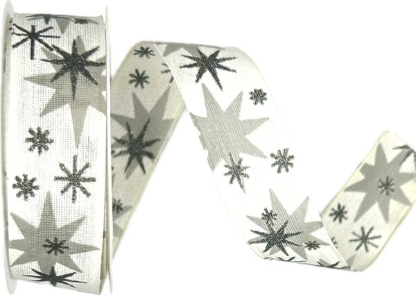 Stuha vánoční AURORA STARS SILVER bílá 25mm x 3m (12,-Kč/m)