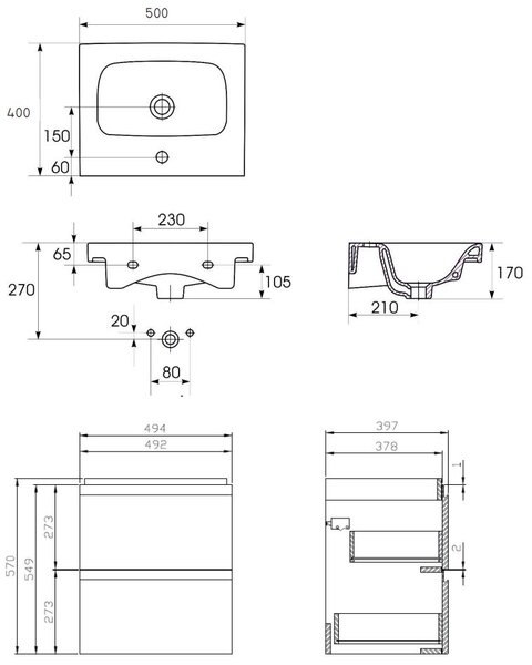 Cersanit Moduo SET, závěsná skříňka 50x40x57 cm + umyvadlo 50cm, antracitová matná, S801-471-DSM