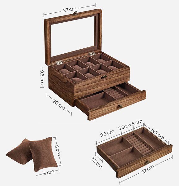 SONGMICS Dřevěný box na hodinky a šperky skleněné víko