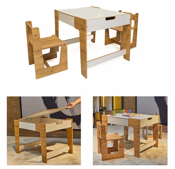 Set dětský stolek a 2 židle Pidili 5 (bílá + naturální)
