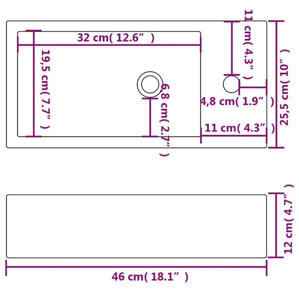 Umyvadlo otvor na baterii obdélníkové keramické bílé 46x25,5x12cm 142343