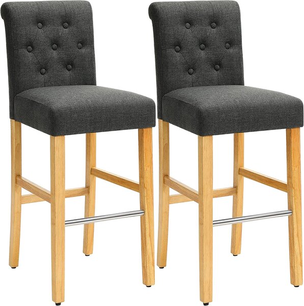 Songmics Sada 2 barových židlí, výška sedadla 76 cm, nohy z masivního dřeva, s kovovou opěrkou nohou, opěrkou zad, potah ze směsi bavlny, šedá