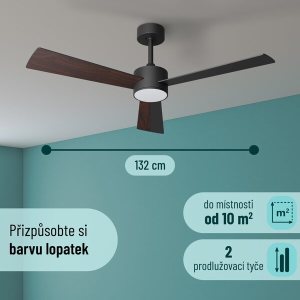 Noaton 13132BBD Lepus, černá a tmavě hnědá, stropní ventilátor se světlem