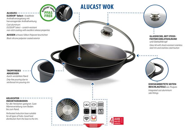 Alucast Pánev WOK se skleněnou poklicí Ø 32 cm ELO 19732