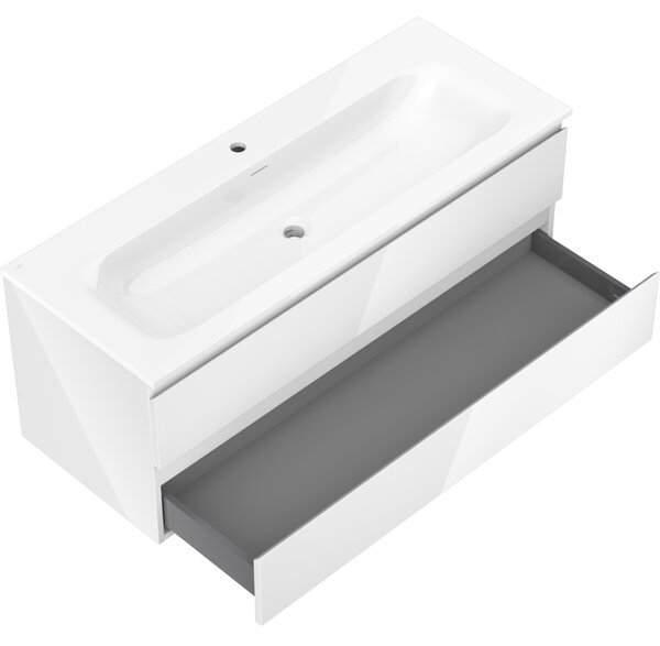 Mexen Orio, koupelnová skříňka 120 cm s umyvadlem Vela, 2 zásuvky, bílá lesklá, 91A10-12047-2-BFF00-W23M00