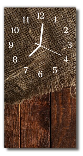 Skleněné hodiny vertikální Vintage plátno hnědé dřevo 30x60 cm