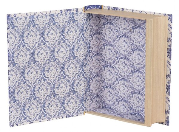 Bílo-modrý úložný box ve tvaru knihy s květy II – 17x14x5 cm