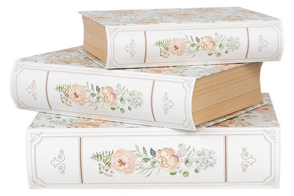 Sada 3 bílých úložných boxů ve tvaru knihy s oranžovými květy – 29x24x7/25x20x6/22x16x5 cm