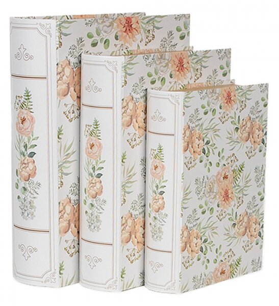 Sada 3 bílých úložných boxů ve tvaru knihy s oranžovými květy – 29x24x7/25x20x6/22x16x5 cm