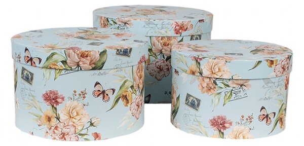 Sada 3 modrých úložných boxů s motivem dopisů a motýlků – 24x16 / 22x15 / 21x13 cm