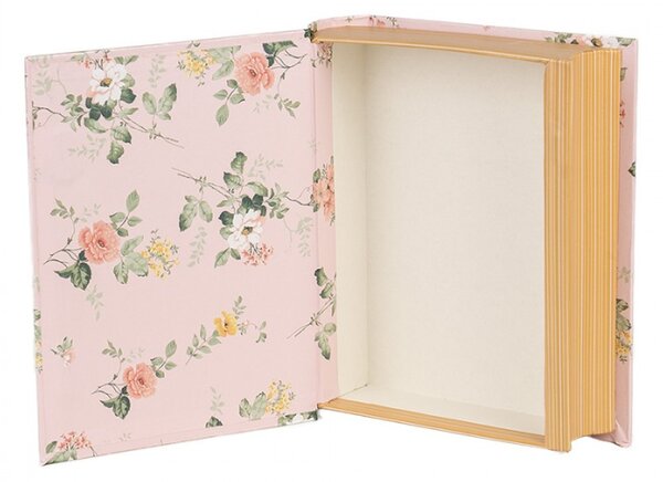Růžový úložný box ve tvaru knihy s romantickým květinovým potahem – 17x14x5 cm