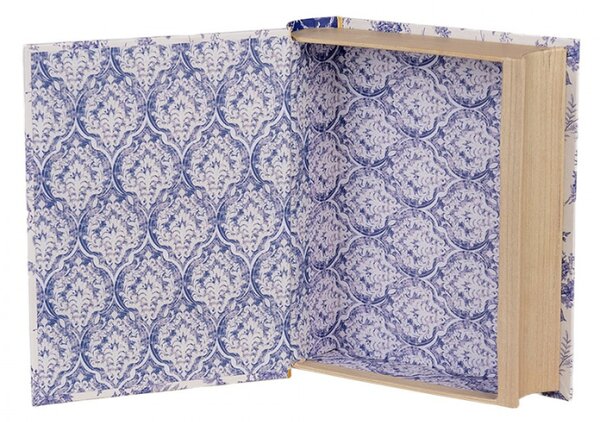 Bílo-modrý úložný box ve tvaru knihy s květy I – 17x14x5 cm