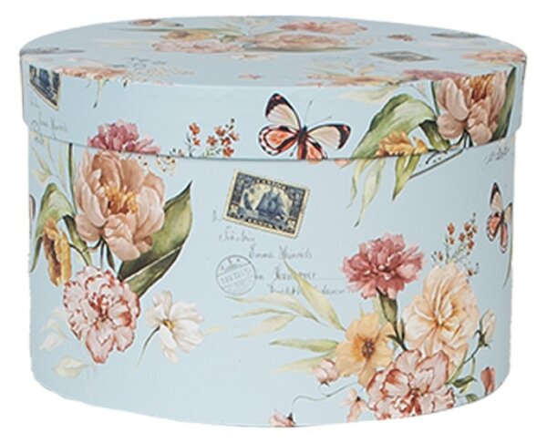 Sada 3 modrých úložných boxů s motivem dopisů a motýlků – 24x16 / 22x15 / 21x13 cm