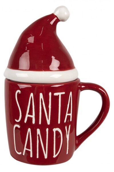 Červený keramický hrneček s nápisem Santa candy a červenou čepičkou na hrneček – 300 ml