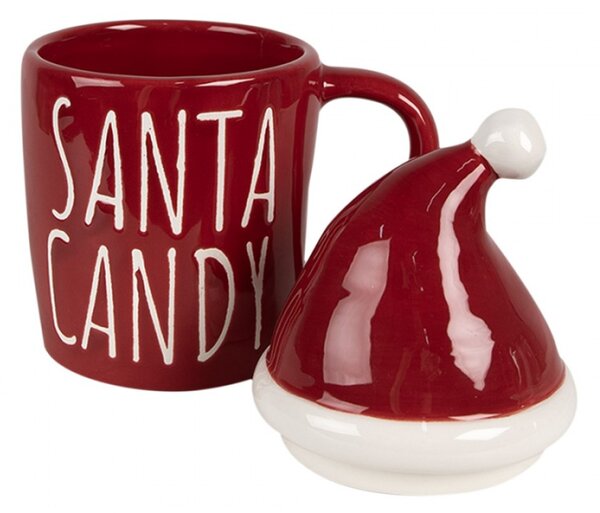 Červený keramický hrneček s nápisem Santa candy a červenou čepičkou na hrneček – 300 ml