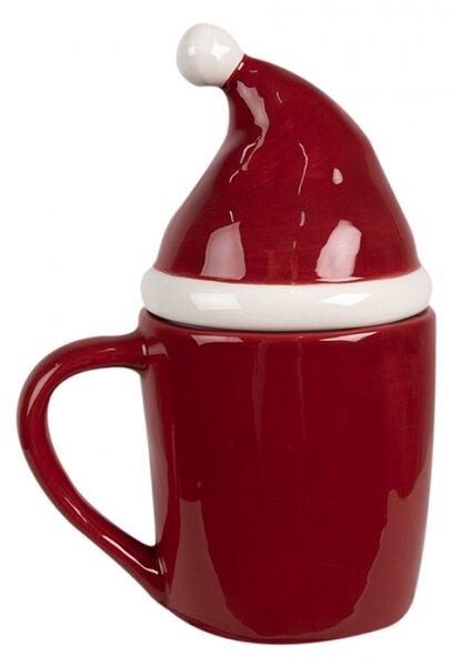 Červený keramický hrneček s nápisem Santa candy a červenou čepičkou na hrneček – 300 ml