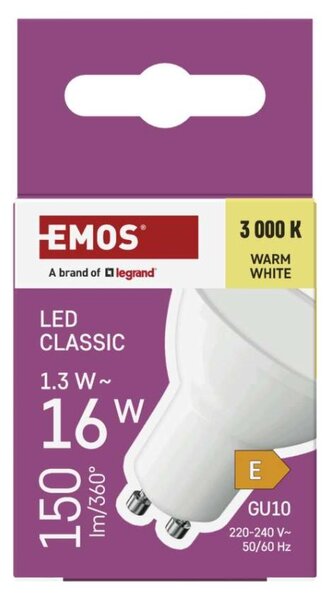 EMOS LED žárovka Classic MR16 bílá / GU10 / 1,3 W (16 W) / 150 lm / teplá bílá 1525730237