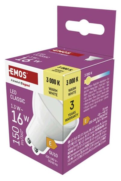 EMOS LED žárovka Classic MR16 bílá / GU10 / 1,3 W (16 W) / 150 lm / teplá bílá 1525730237