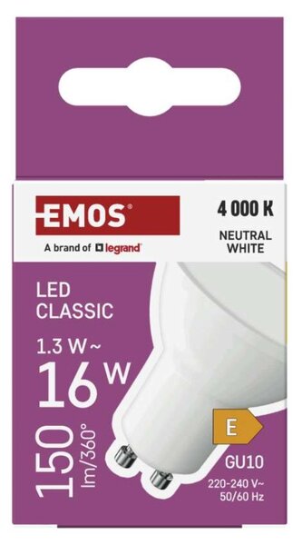 EMOS LED žárovka Classic MR16 bílá / GU10 / 1,3 W (16 W) / 150 lm / neutrální bílá 1525730434