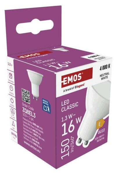 EMOS LED žárovka Classic MR16 bílá / GU10 / 1,3 W (16 W) / 150 lm / neutrální bílá 1525730434