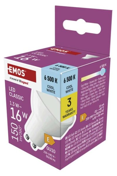 EMOS LED žárovka Classic MR16 bílá / GU10 / 1,3 W (16 W) / 150 lm / studená bílá 1525730119