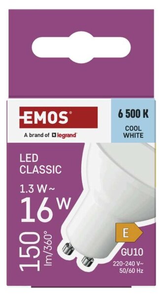 EMOS LED žárovka Classic MR16 bílá / GU10 / 1,3 W (16 W) / 150 lm / studená bílá 1525730119
