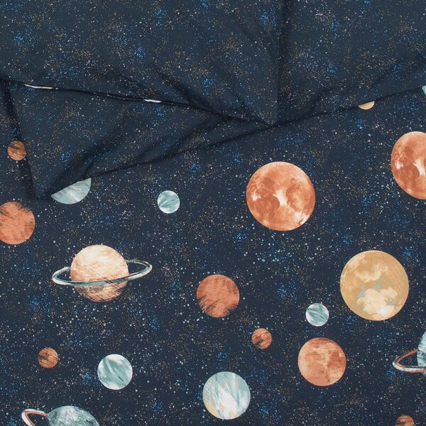 Povlečení KLASIK PLUS planets+galaxy tmavě modrá 140 x 200/70 x 90 cm