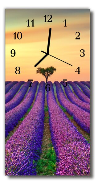 Skleněné hodiny vertikální Krajina Barevné pole levandule 30x60 cm