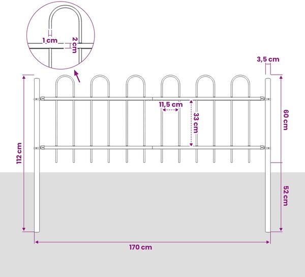 Zahradní plot BOXTEL s obručí nahoře ocelový 170 x 60 cm černý 144928