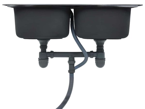 Kuchyňský dvojitý dřez se sítkem a sifonem nerezová ocel 145074