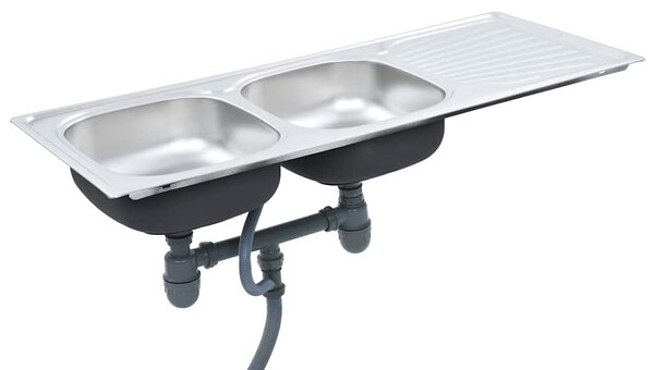 Kuchyňský dvojitý dřez se sítkem a sifonem nerezová ocel 145075