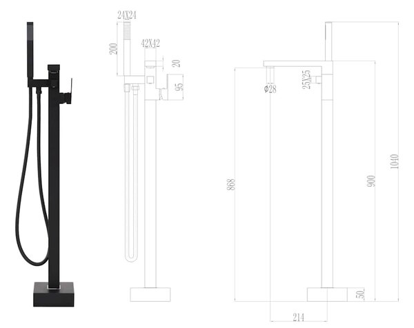Volně stojící vanová baterie černá nerezová ocel 90 cm 145096
