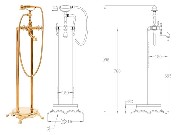 Volně stojící vanová baterie nerezová ocel 99,5 cm zlatá 145095