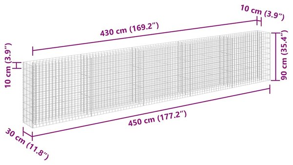Gabionový vyvýšený záhon pozinkovaná ocel 450 x 30 x 90 cm 145647