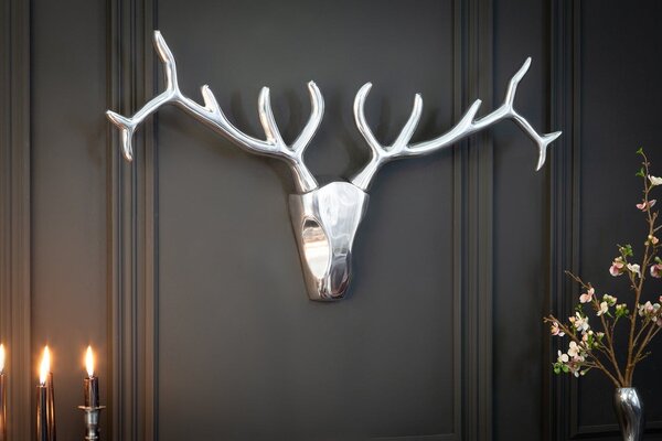 Glamour stylová nástěnná stříbrná chromová dekorace Deerhead s hlavou jelena a rozvětvenými parohy 90 cm