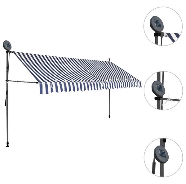 Ručně zatahovací markýza s LED světlem 350 cm modrobílá 145846