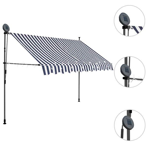 Ručně zatahovací markýza s LED světlem 300 cm modrobílá 145845