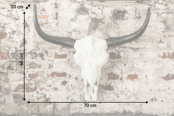 Venkovská nástěnná bílá kovová dekorace Bullhead v podobě býčí lebky s černými rohy 70 cm