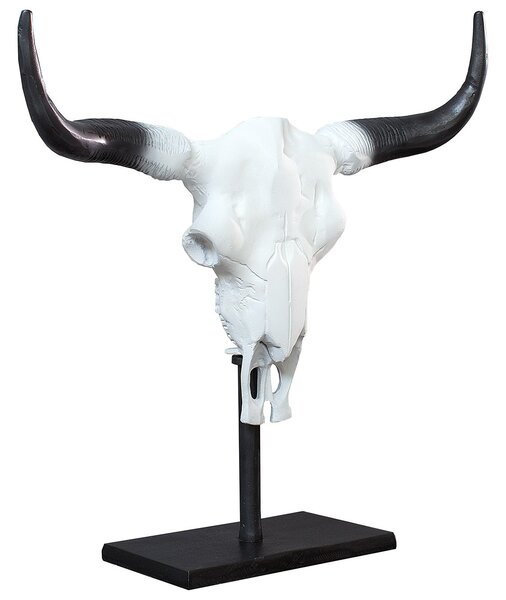Venkovská bílá dekorace Bull s černými rohy na zeď nebo postavení na obdélníkový černý stojan 50 cm