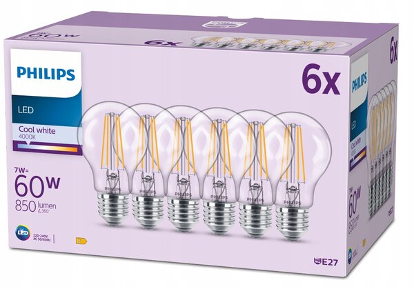 Sada 6x LED žárovka E27 A60 7W=60W 850lm 4000K Neutrální Filament PHILIPS